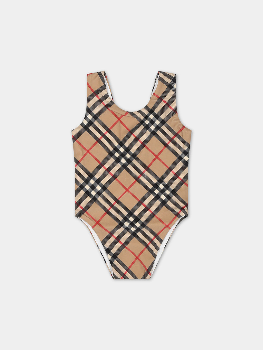 Beige swimsuit for baby girl with iconic check